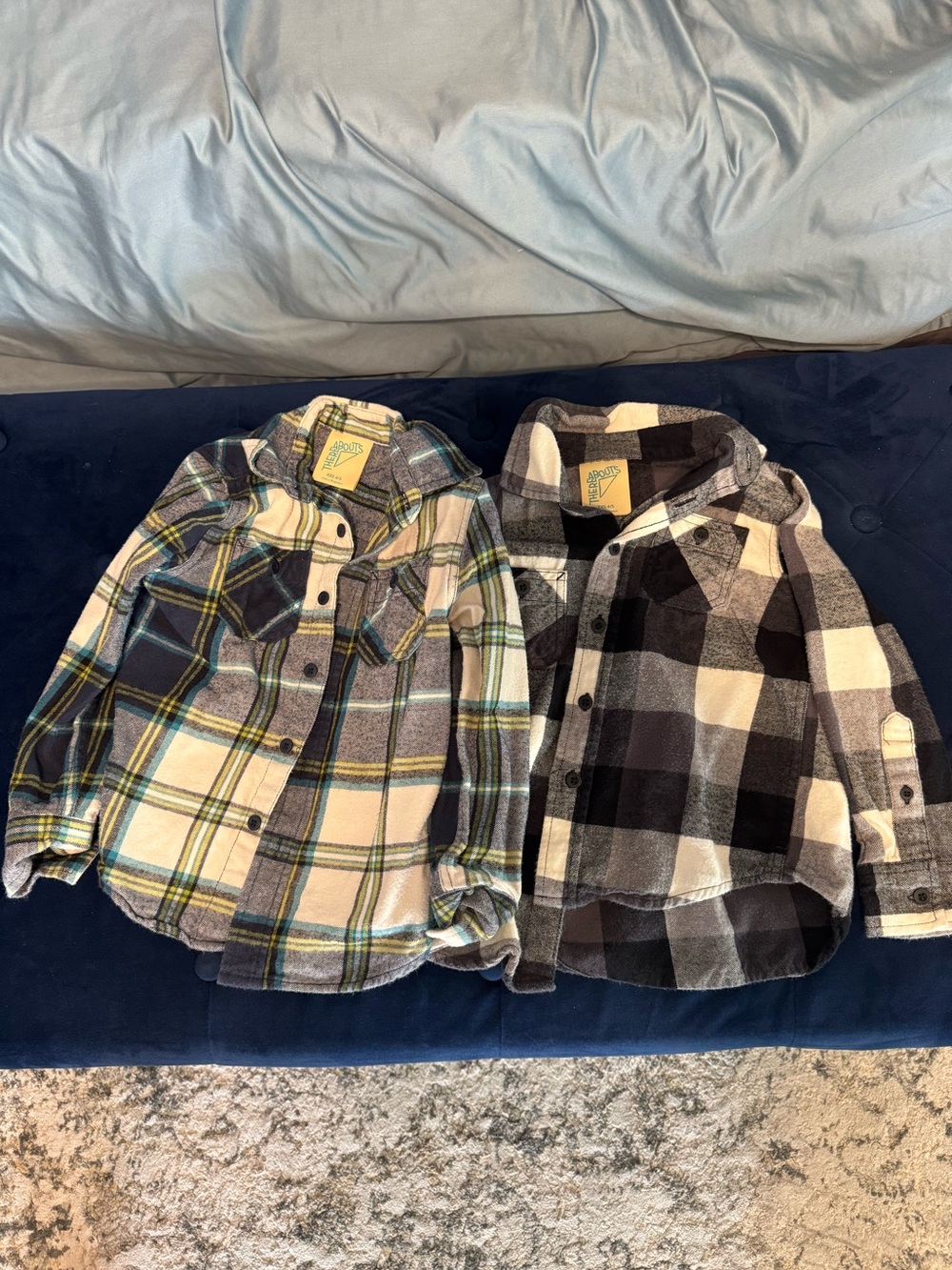 Kids Plush Plaid Button-Down Shirt - White, Black & Blue Plaids